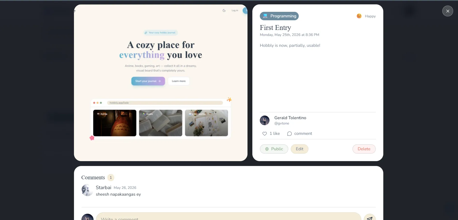 A journal entry with likes and comments