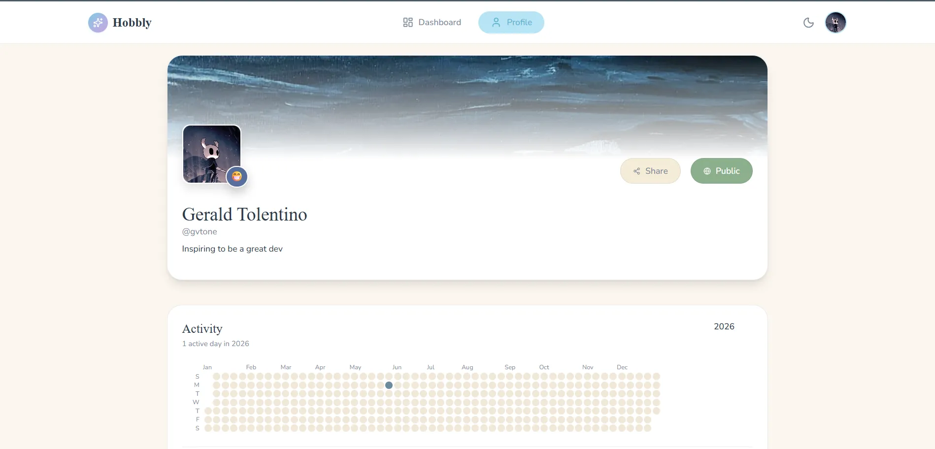 Public profile with a yearly activity grid