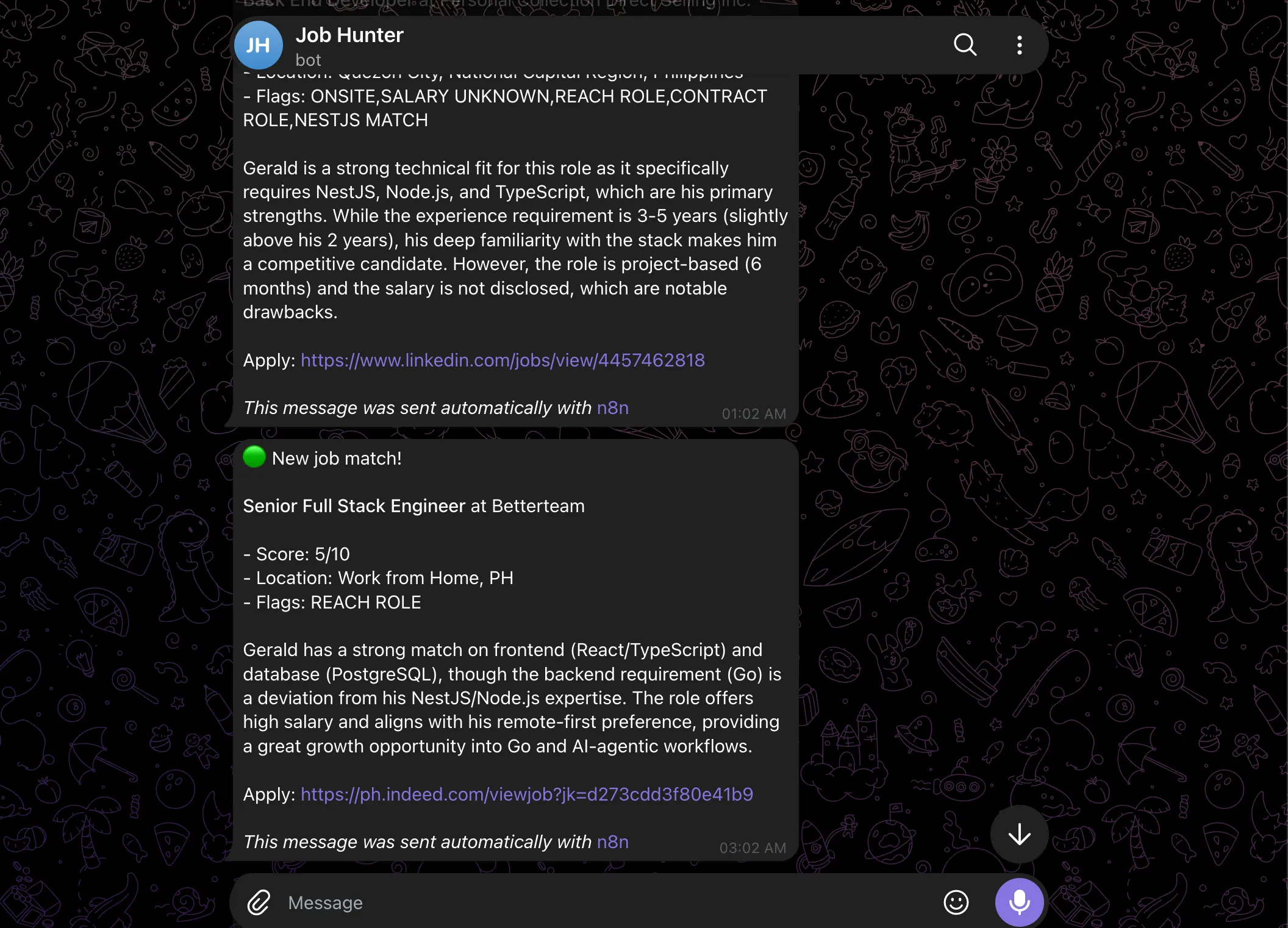 Telegram job match messages